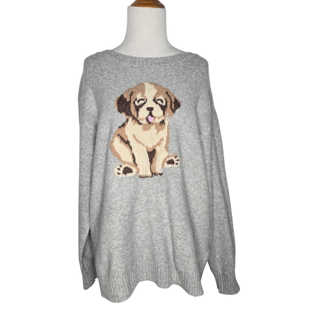 Pink Rose Women Bulldog Puppy Sweater Soft Relaxed Cute Twee Crew Neck Large